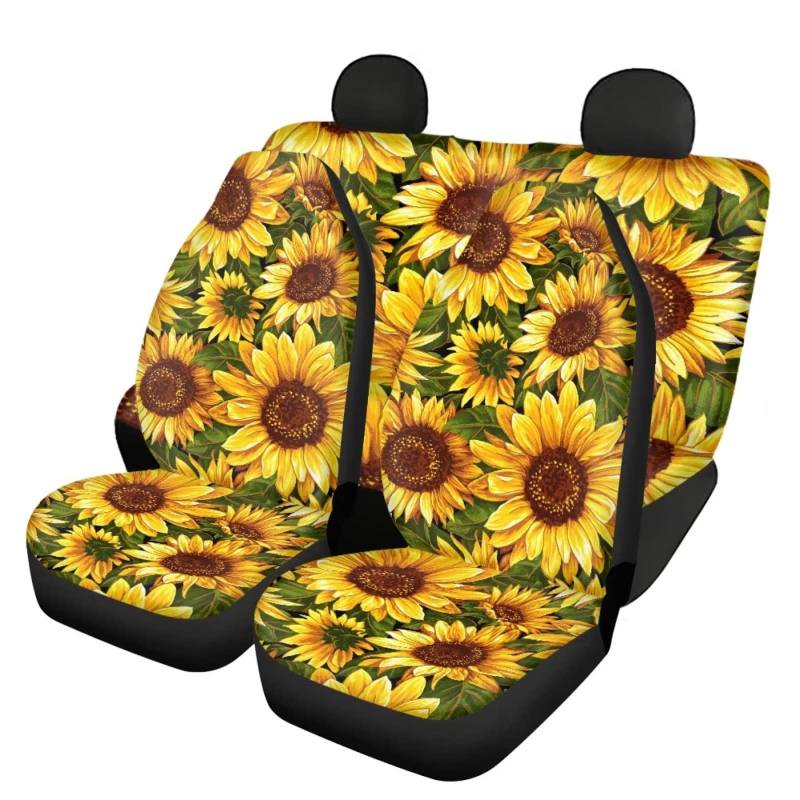 KUIFORTI Sonnenblumen-Autositzbezüge, komplettes Set mit 4 Stück, blühende Sonnenblume, Auto-Innenzubehör-Set mit Vorderschalen-Sitzschutz, geteilte Bank-Rücksitzpolster, universelle Passform von KUIFORTI