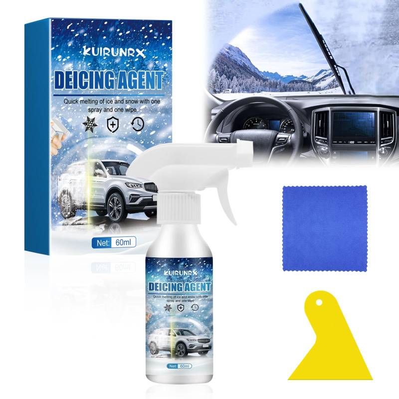 KUIRUNRX® Scheiben Enteiser Spray, Scheibenenteiser Spray Auto Mit 1 Handtücher, Equipped with 1 Special Scraper, Eisfreie Windschutzscheiben für den Winter, damit Sie rundum freie Sicht haben(60ml) von KUIRUNRX