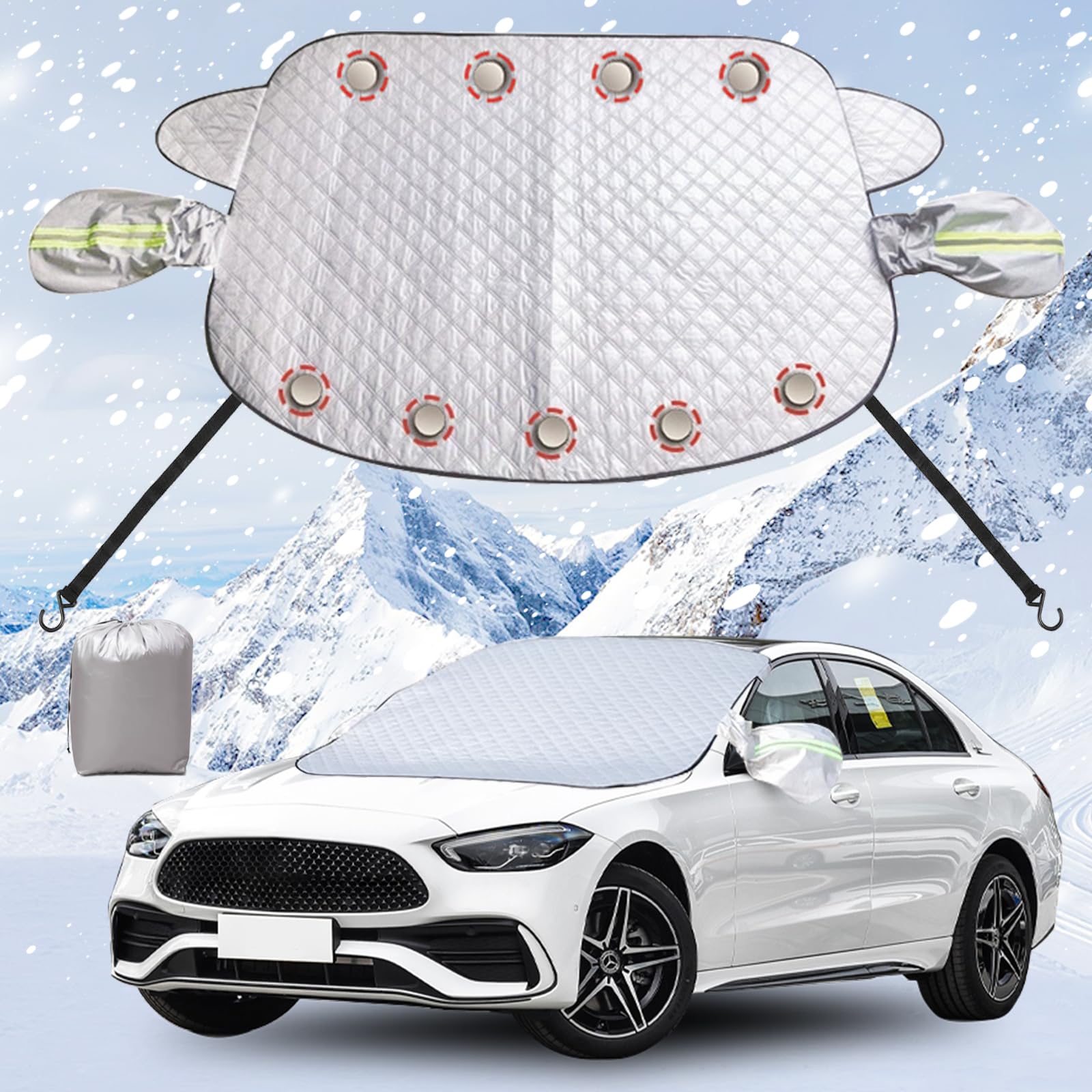 Frontscheibenabdeckung Auto Winter Windschutzscheiben Autoabdeckung Frostschutz mit Magnet Spiegelabdeckungen und Elastische Gurthaken für Autos SUVs gegen Schnee EIS Frost Staub Sonne und UV von KUKKUME