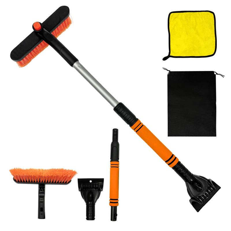 KUKKUME 3-in-1 Eiskratzer Auto mit Besen Scheibenkratzer Schneebesen Auto Autokratzer Drehbarer Ausziehbar Ice Scraper mit 360° Schwenkbarem Bürstenkopf und Schaumstoffgriff für Auto LKW SUV (Orange) von KUKKUME