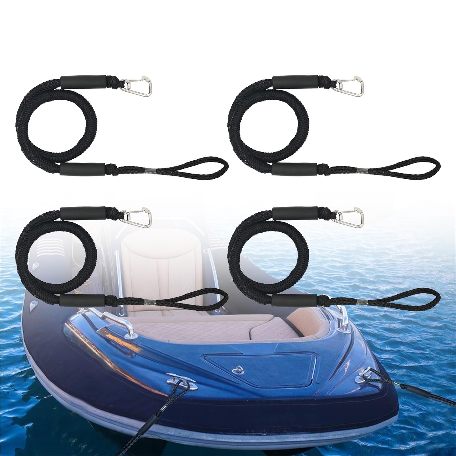 Bootsseile, Andockleine, Festmacherseil mit Edelstahl-Clip, Zubehör for Wasserfahrzeuge, Jet-Ski, Ponton, Kanu, Motorboot(Black 4PCS) von KUMIAN