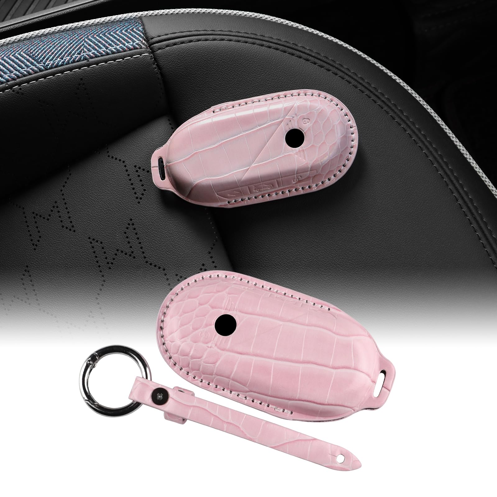 KUNGKIC 2024 2025 Mini J01 J05 U25 F65 F66 F67 Leder Schlüsselabdeckung Aluminium Schutzhülle Fernbedienung Schlüsselanhänger Autoschlüssel Konverter Leder mit Krokodildruck (rosa) von KUNGKIC