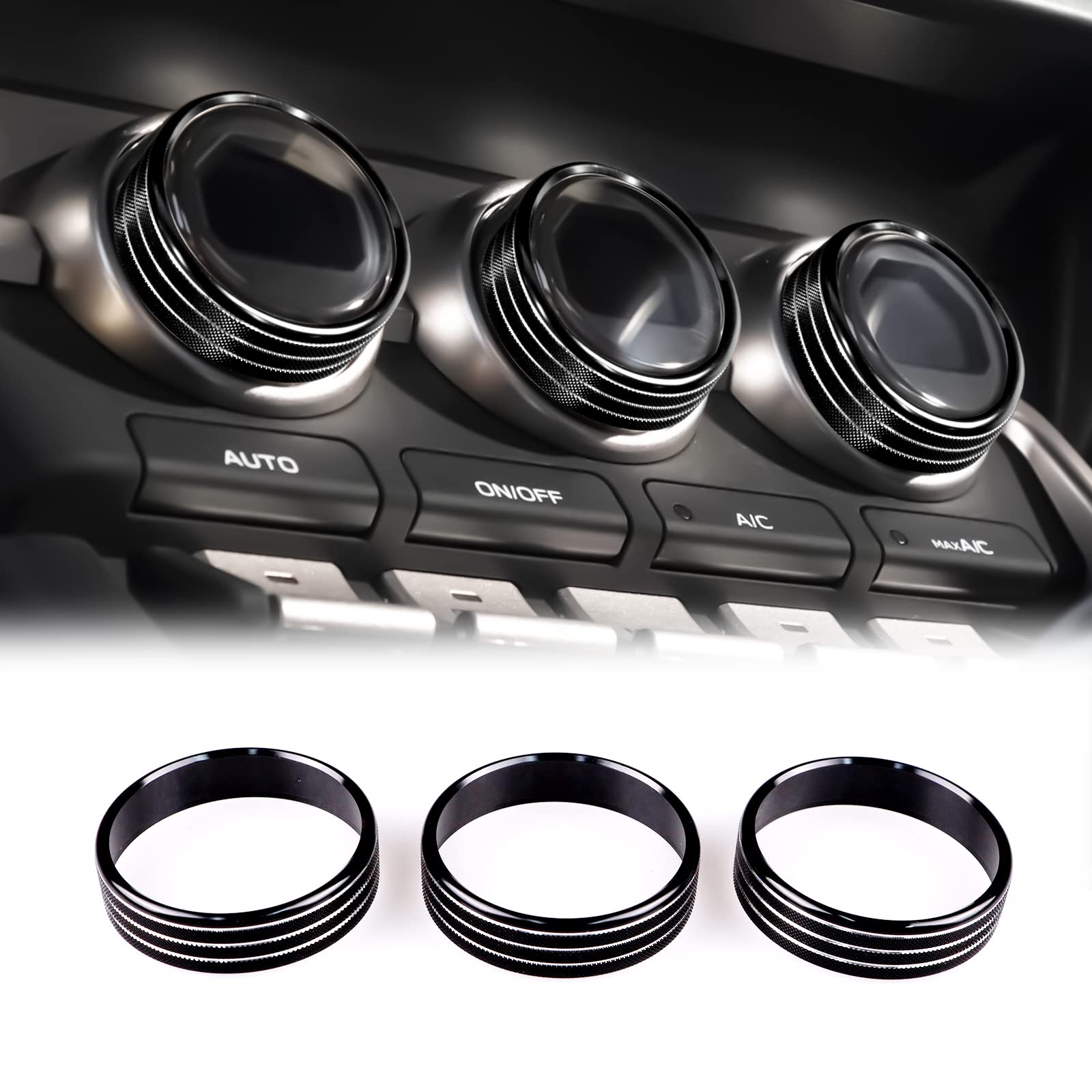 KUNGKIC 3PCS Auto Knopfabdeckung für die Klimaanlage Innenbereich Dekorative Compatible with Subaru BRZ Toyota GR86 2021 2022 Aluminium-Legierung Knopf Ring Abdeckungen Zubehör Sport Style (Schwarz) von KUNGKIC