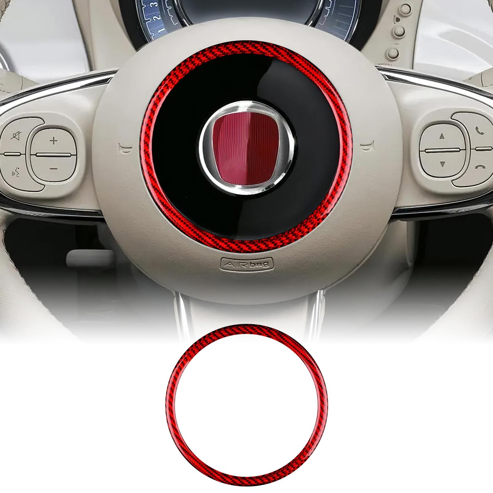 KUNGKIC Kohlefaser Auto-Lenkrad Abdeckung Aufkleber Lenkrad-Mittelmarkierung Äußerer Ring Dekorative Innenbereich Compatible with FIAT 500 Abarth 595 2008-2023 Zubehör Rot von KUNGKIC