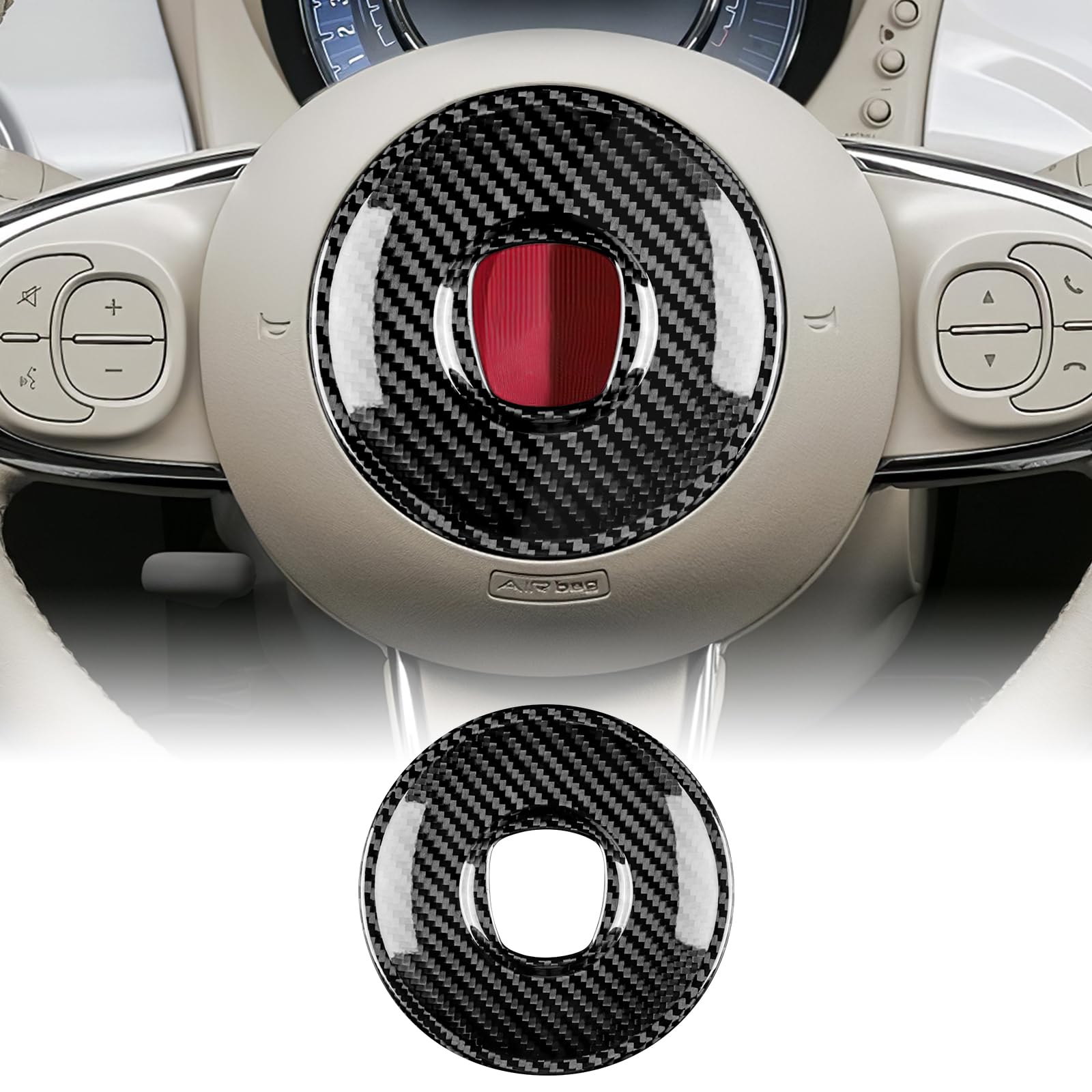 KUNGKIC Kohlefaser Auto-Lenkrad Abdeckung Aufkleber Lenkrad-Mittelmarkierung Dekorative Innenbereich Compatible with FIAT 500 Abarth 595 2008-2023 Zubehör Schwarz von KUNGKIC