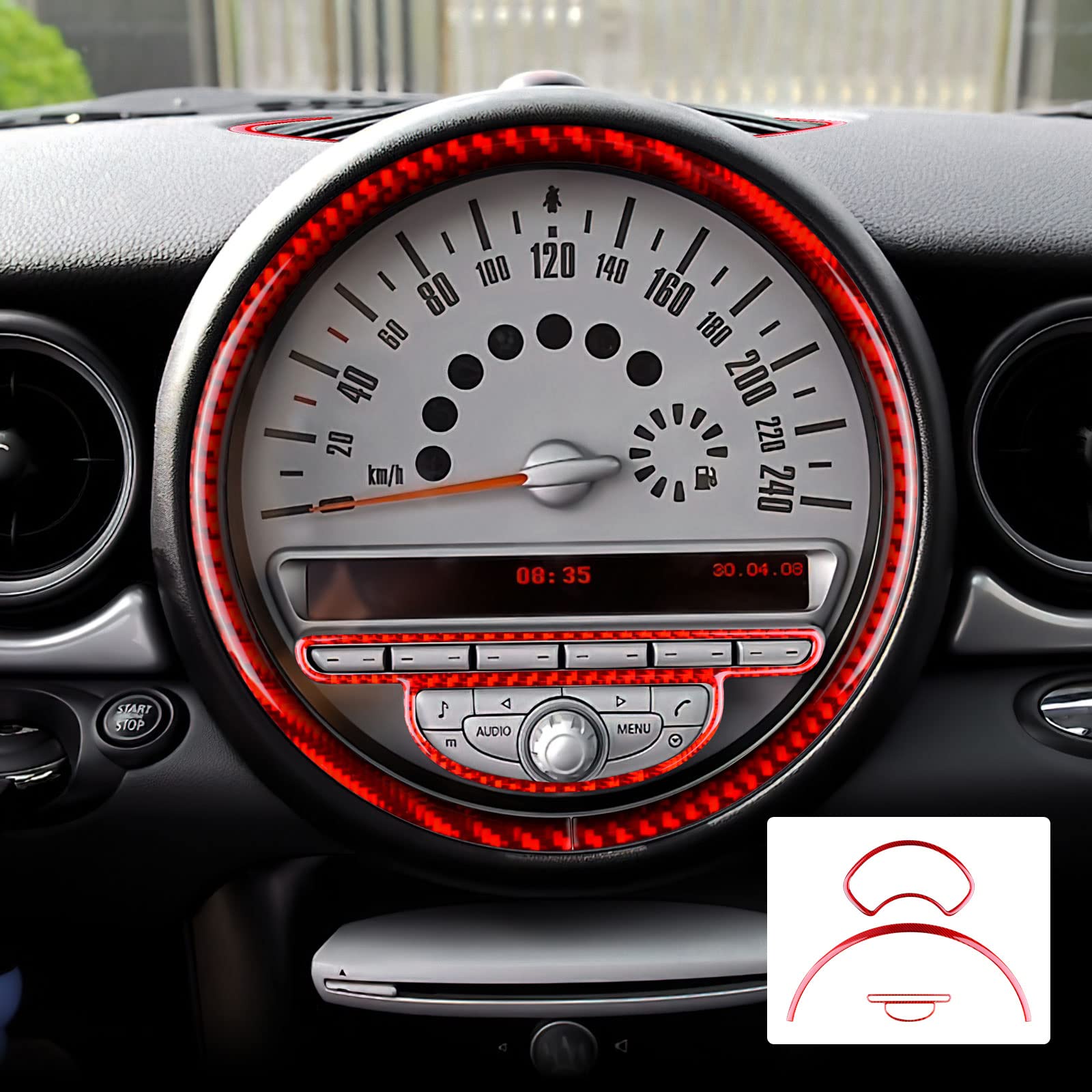 KUNGKIC Kohlefaser Auto Tachometer Dekorative Aufkleber Innenraum Carbon Fiber Speedometer Trim für Mini Cooper Hardtop R56 Clubman R55 R57 Zubehör accessories 2007 2008 2009 2010 Rot von KUNGKIC