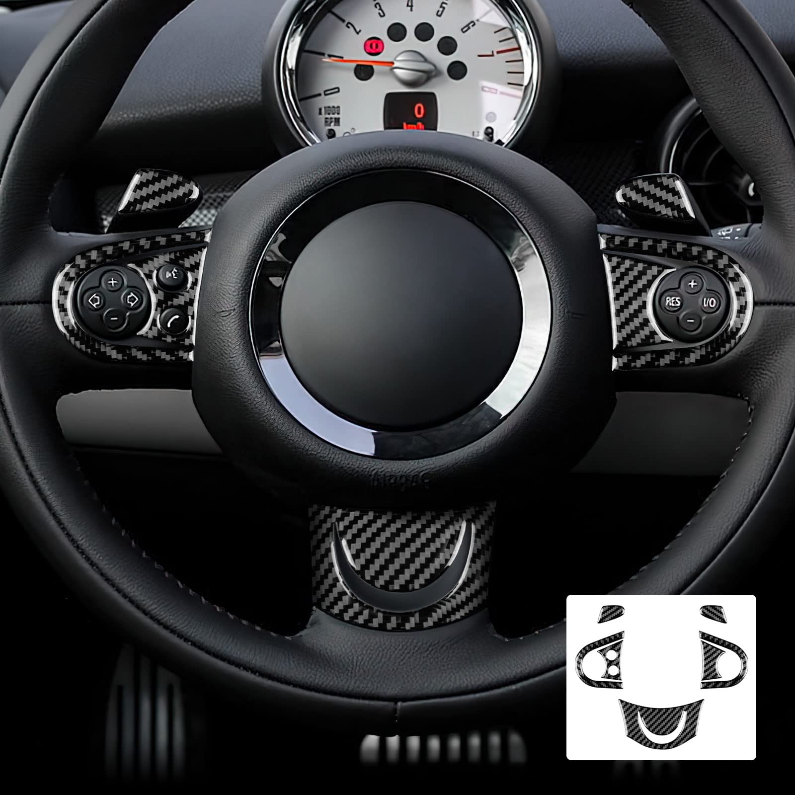 KUNGKIC Kohlefaser Carbon Fiber Auto Lenkrad Dekorative Aufkleber für Mini Cooper Hardtop R56 Clubman R55 R57 Zubehör Steering Wheel Innenraum Lenkradtasten-Abdeckung Trim 2008 2009 2010 Schwarz von KUNGKIC