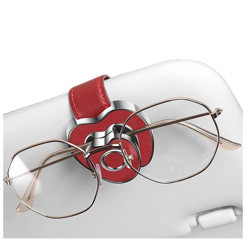 KUNIO Auto Brillenhalter Sonnenbrillenhalter für Auto Brillenklammer Zinklegierung und Leder Ticketkartenclip Brillenhalterung Sonnenblende Auto Visier Brillenhalter Silber Rot von KUNIO
