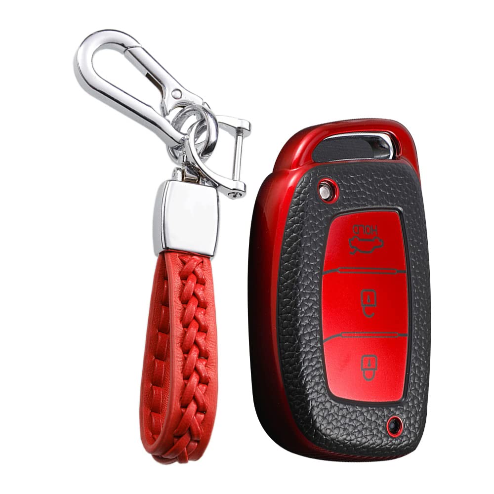 KUNIO Autoschlüssel Hülle Schutz Passt für Hyundai Elantra I10 I30 IX45 Santa Fe Kona ioniq Tucson Sonata Zubehör TPU Leder-Textur Keyless Schlüssel Cover Schlüsselanhänger A Rot von KUNIO