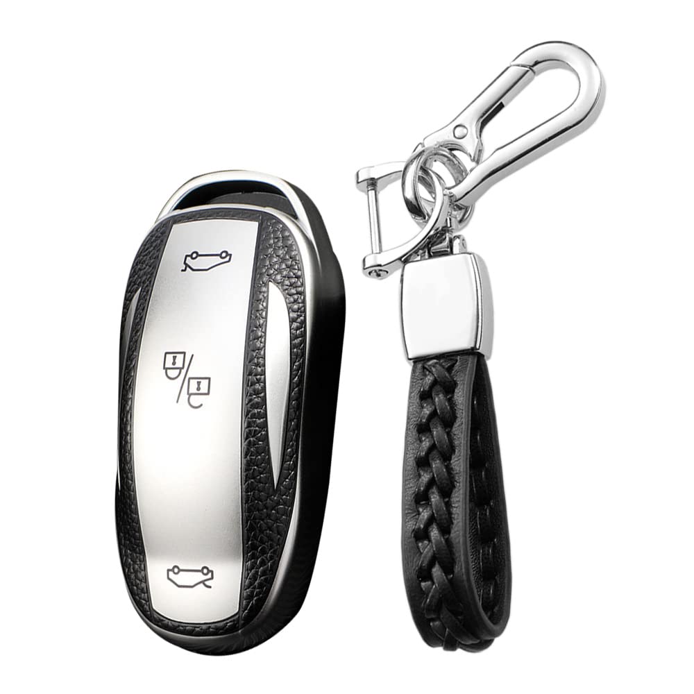 KUNIO Autoschlüssel Hülle Schutzhülle Passt für Tesla Model X TPU Leder-Textur Schlüsselanhänger Fernbedienung Cover Schlüsselhülle Schlüsselbund Schlüsselschutz Model X Silber von KUNIO