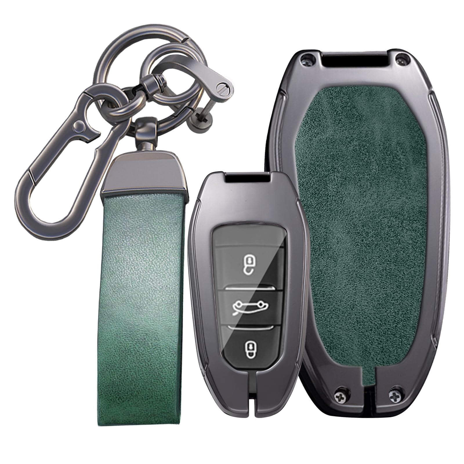 KUNIO Autoschlüssel Hülle passt für Peugeot Schlüsselhülle 308 408 508 2008 3008 4008 5008 Für Citroen C4 C6 c3-XR Metall Leder Schlüsselanhänger Keyless Schlüsseletui B Grün von KUNIO