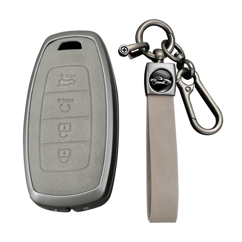 KUNIO Keyless AutoSchlüsselhülle für Hyundai kona hybrid für Kona N für Hyundai I30 Fastback i30N Gehäuse Legierung + PU Leder Schlüsselcover Schlüsselanhänger 4 Tasten B Grau von KUNIO