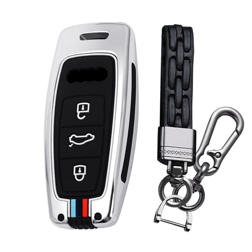 KUNIO Keyless Schlüsselhülle Passt für Audi A8 A8L Q8 A3 Sportback A6 A7 Q7 RS6 S6 S7 SQ8 Q4 SQ7 TFSI Schutz Metallgehäuse Schlüsselcover 3 Tasten Schlüsselanhänger A Silber von KUNIO