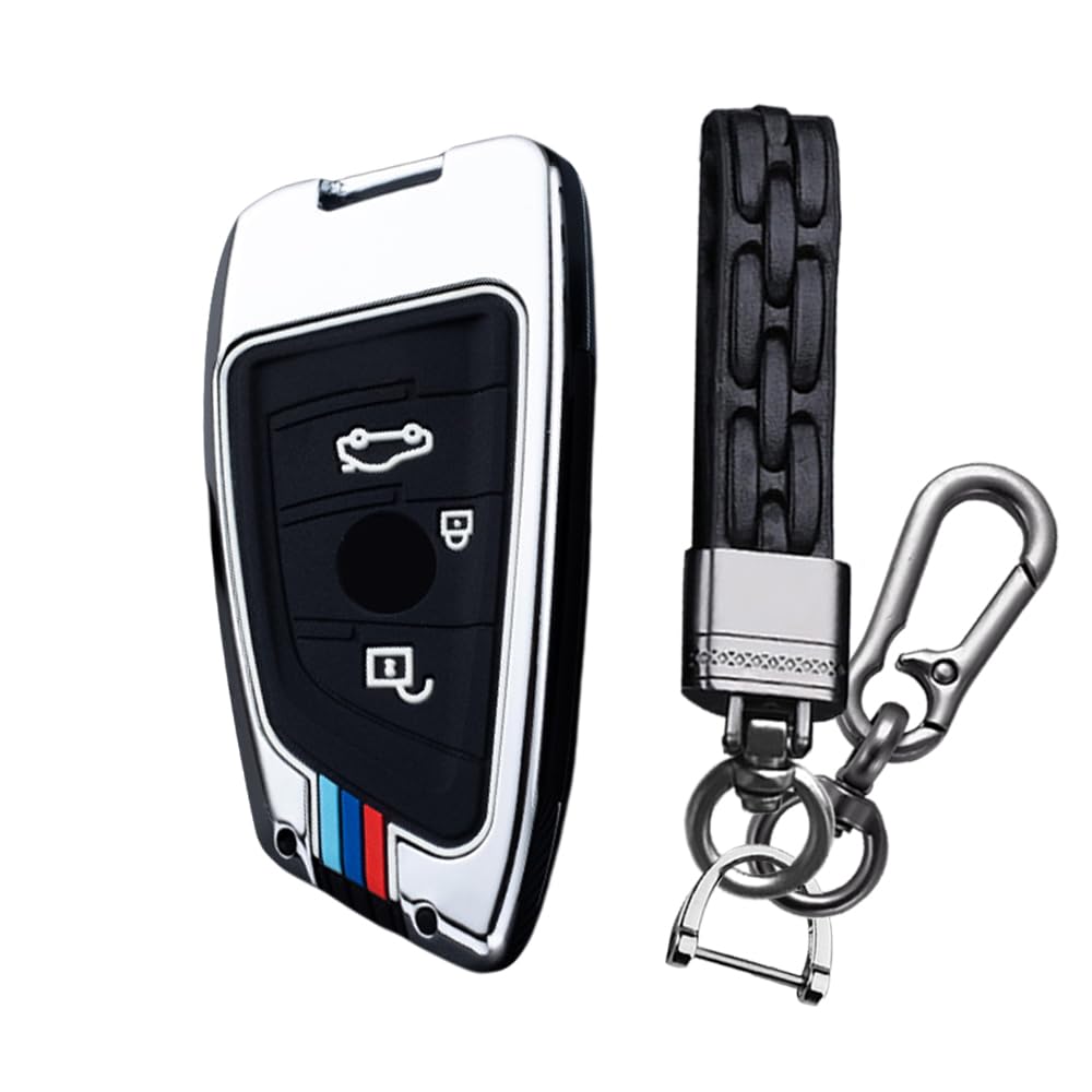 KUNIO Keyless Schlüsselhülle Passt für BMW X1 X3 X6 X7 1er 3er 5er 6er 7er G20 G30 G31 G11 F16 G01 G02 F48 X5 F15 M50D Z4 G29 Metallgehäuse Schlüsseletui Schlüsselanhänger 3 Tasten Silber von KUNIO