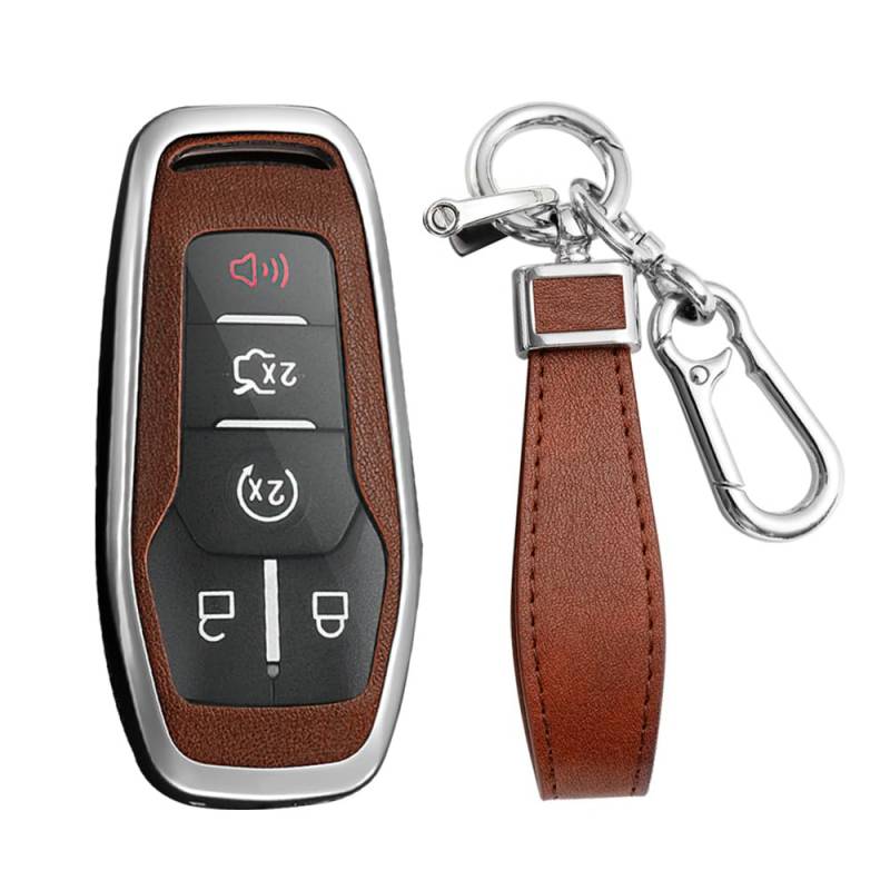 KUNIO Keyless Schlüsselhülle für Ford Focus Mondeo MK5 S-max Kuga Puma Fiesta Escort Explorer Schlüsselgehäuse Metal Autoschlüssel Schutz Schlüsselanhänger 4/5 Tasten A Silber Braun von KUNIO