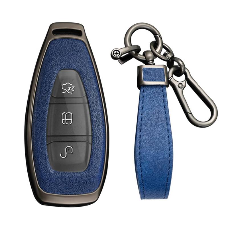 KUNIO Keyless Schlüsselhülle für Ford Kuga Focus Mk3 Mk4 Mondeo Fiesta Titanium Ecosport Transit MK8 Schlüsselgehäuse Metal Autoschlüssel Schutz Schlüsselanhänger 3 Tasten A Blau von KUNIO