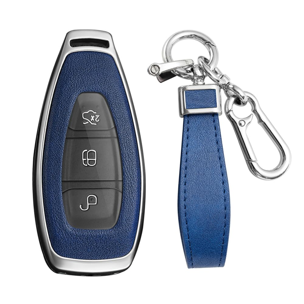 KUNIO Keyless Schlüsselhülle für Ford Kuga Focus Mk3 Mk4 Mondeo Fiesta Titanium Ecosport Transit MK8 Schlüsselgehäuse Metal Autoschlüssel Schutz Schlüsselanhänger 3 Tasten A Silber Blau von KUNIO