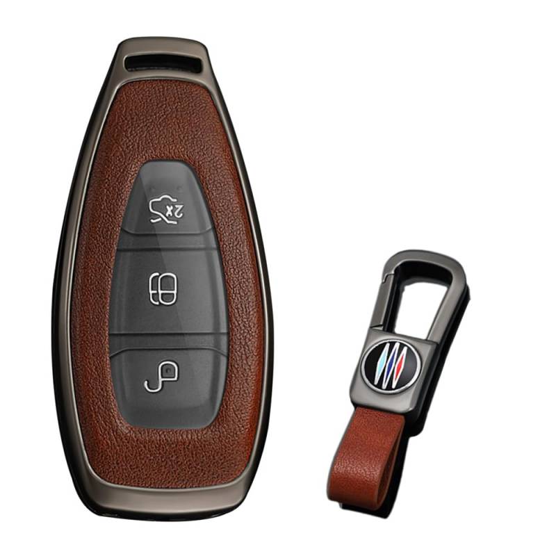 KUNIO Keyless Schlüsselhülle für Ford Kuga Focus Mk3 Mk4 Mondeo Fiesta Titanium Ecosport Transit MK8 Schlüsselgehäuse Metal Autoschlüssel Schutz Schlüsselanhänger 3 Tasten B Braun von KUNIO