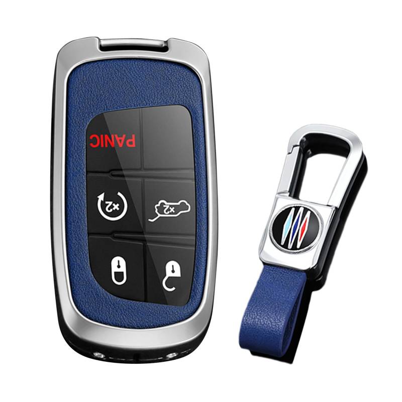 KUNIO Keyless Schlüsselhülle für Jeep Renegade Compass Grand Cherokee für Dodge für FIAT 500X Ducato Tipo Cross Metal Autoschlüssel Schutz Schlüsseletui Schlüsselanhänger B Silber Blau von KUNIO