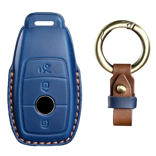 KUNIO Schlüsselhülle Passt für Mercedes A B C E S G Klasse GLC CLE GLB CLA W177 W247 B200 W205 S63 AMG A200 MS Leder Autoschlüssel Hülle Schlüsselcover Schlüsselanhänger 3 Tasten Blau von KUNIO