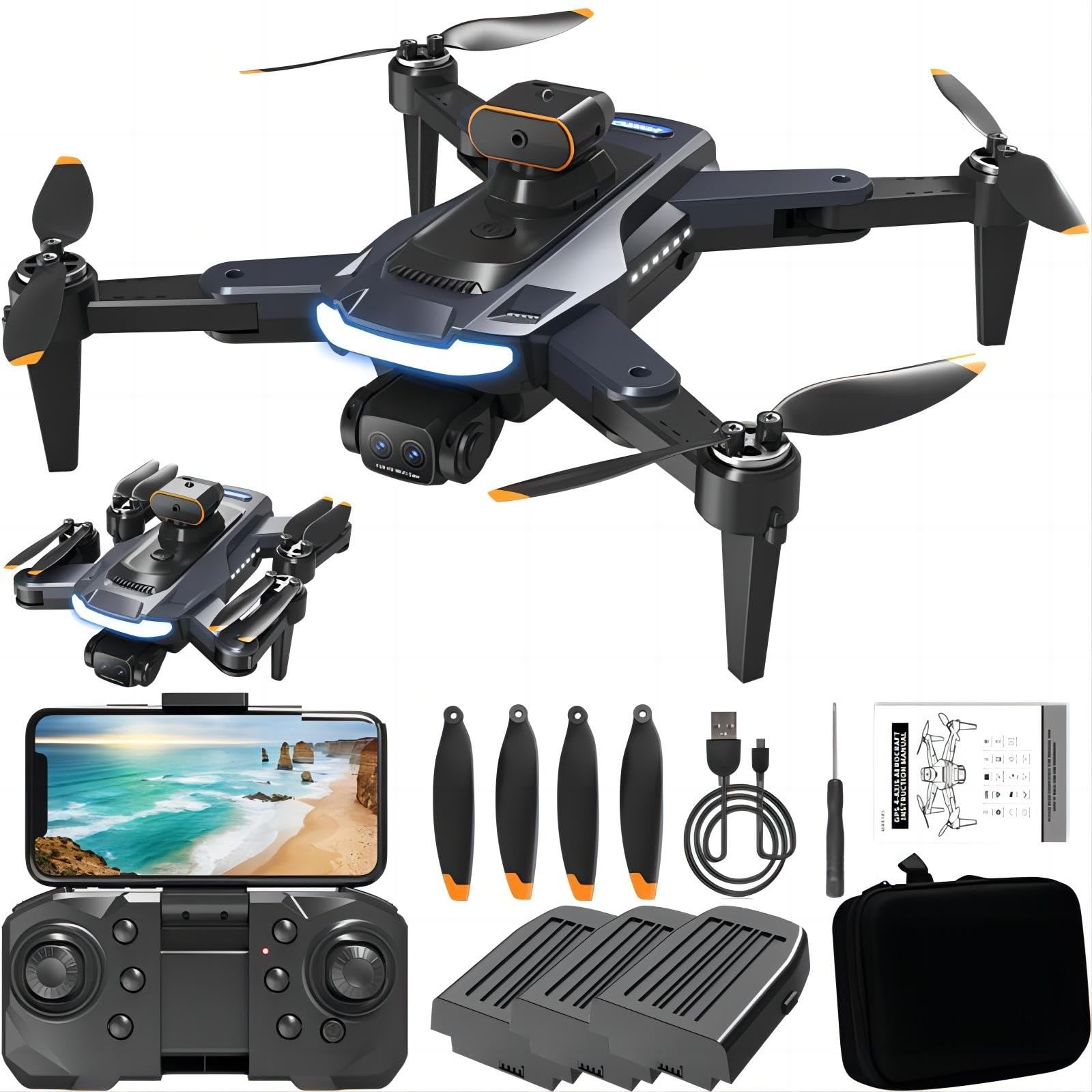 A14 Drohne mit Kamera 720P, 540° Hindernisvermeidung Drohne für Kinder Anfänger WiFi FPV RC Quadrocopter mit 3 Batterien Bürstenloser Motor Optische Flusspositionierung Headless Modus 3D-Flips von KUNOQXHA