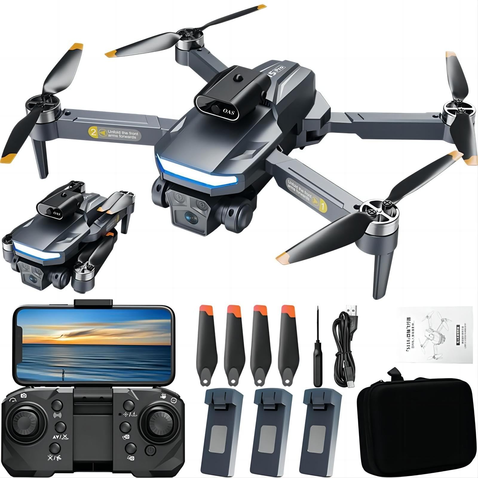 A15 Drohne mit Kamera 720P, WiFi FPV RC Quadrocopter 360° Hindernisvermeidung Drohne für Kinder Anfänger mit 3 Batterien Bürstenloser Motor Optische Flusspositionierung Headless Modus 3D-Flips von KUNOQXHA