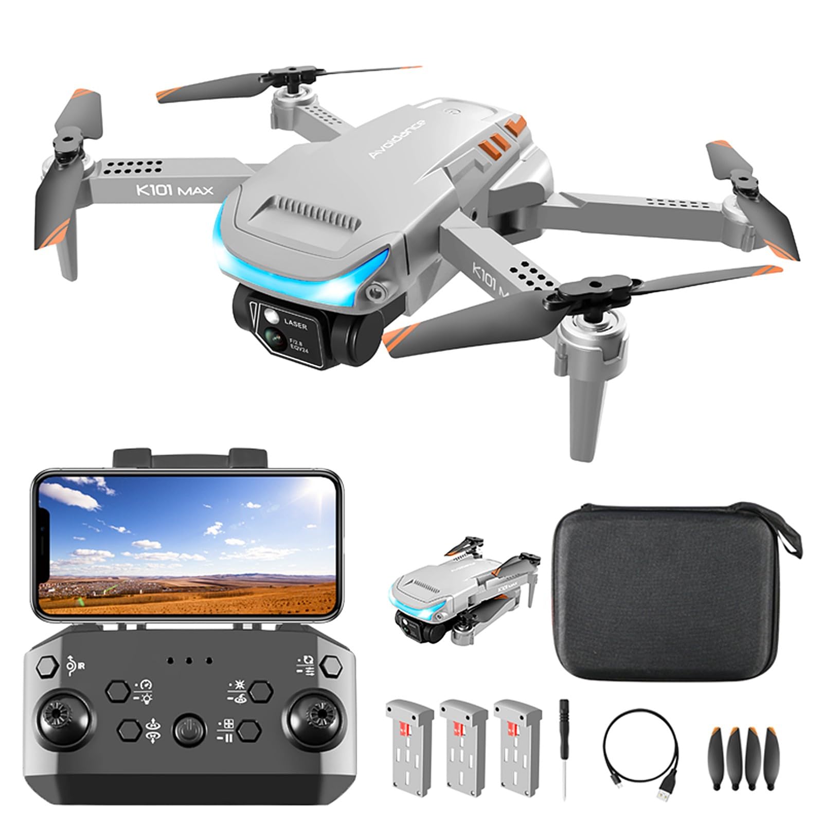 K101MAX Drohne mit Kamera 1080P, WiFi FPV Drohne für Kinder Anfänger RC Quadrocopter mit 3 Batterien Kamera Elektrisch Verstellbarer Hindernisvermeidung One Key Start/Landen Headless Modus 3D Flips von KUNOQXHA