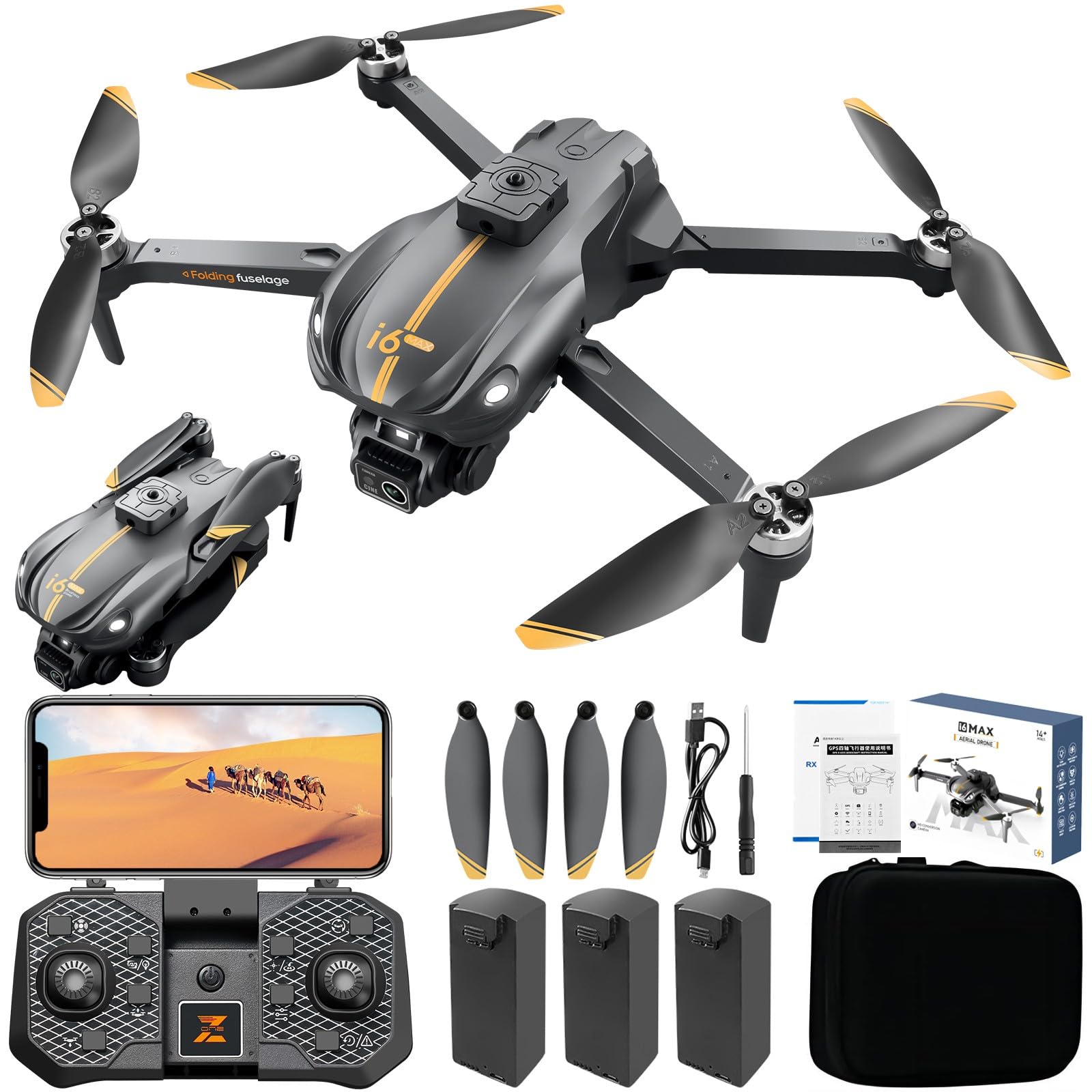 i6MAX Drohne mit Kamera HD 1080P, 150° Elektronisch Verstellbare Kamera Anhebender Hindernisvermeidung Drohne für Kinder Anfänger mit Bürstenloser Motor WiFi FPV RC Quadrocopter mit 3 Batterien von KUNOQXHA
