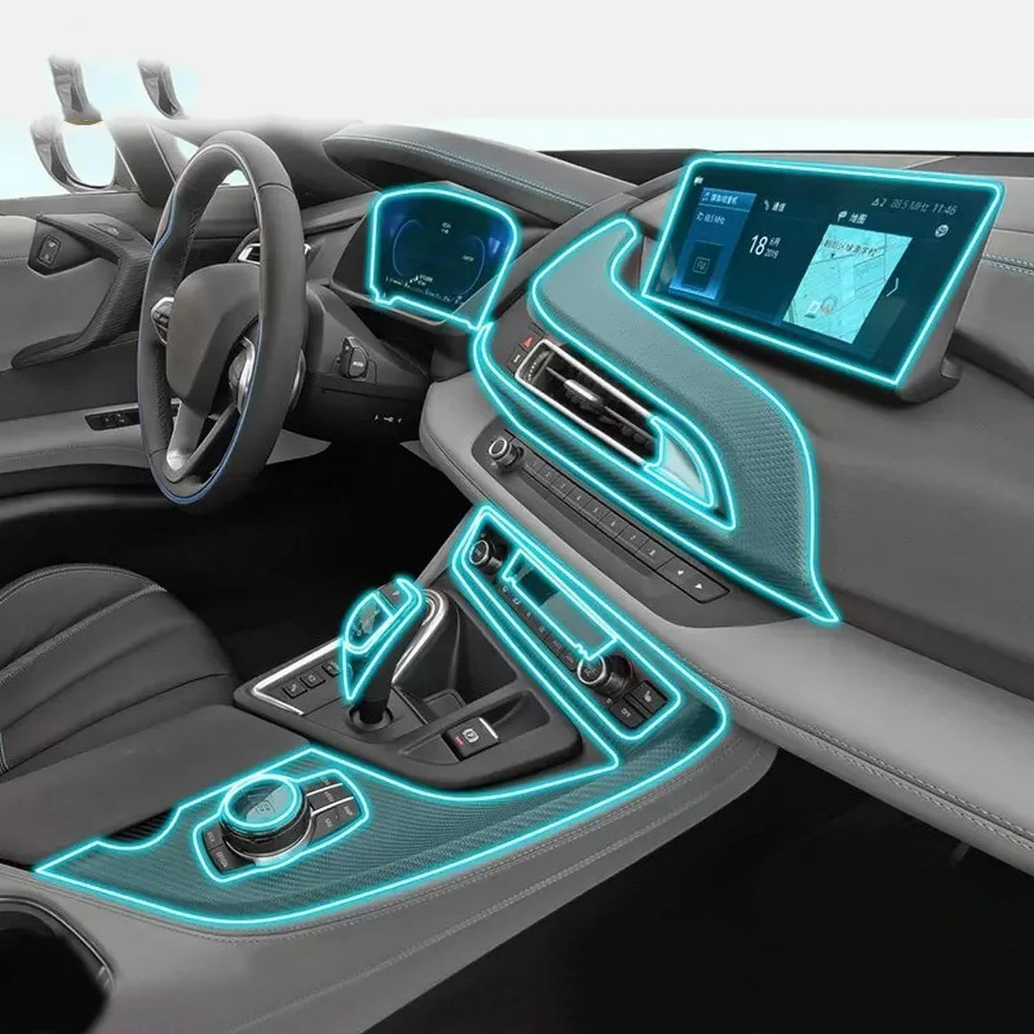 Auto-Innen-Mittelkonsole, transparent, TPU, PPF, kratzfest, Reparaturfolie, Zubehör, für BMW i8 I12 I15 2014–2023 Auto-Innen-Mittelkonsole, transparent, TPU, PPF, kratzfest, Reparaturfolie, Zubehör, für BMW i8 I12 I15 2014–2023 von KUNQING