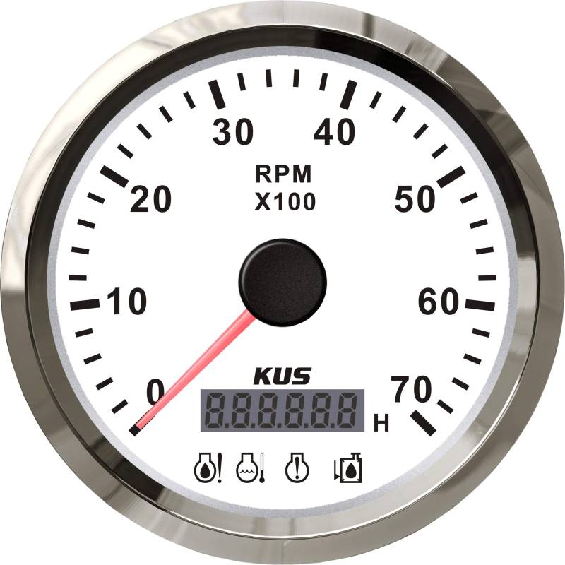 KUS - Drehzahlmesser mit digitalem Betriebsstundenzähler 7000RPM für Aussenborder, weisses Display mit Edelstahl-Lünette von KUS