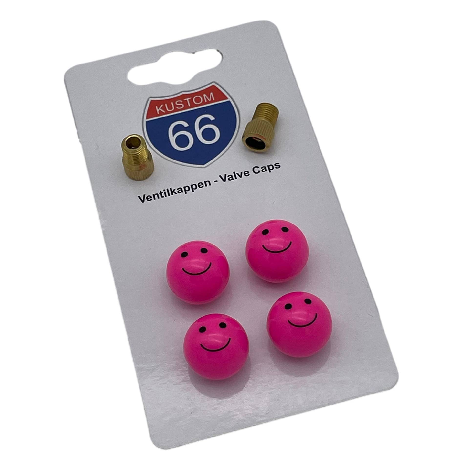 4er Set Ventilkappen + 2 Fahrradadapter - Smiley PINK - für jedes Auto, Motorrad und Fahrrad geeignet von KUSTOM66