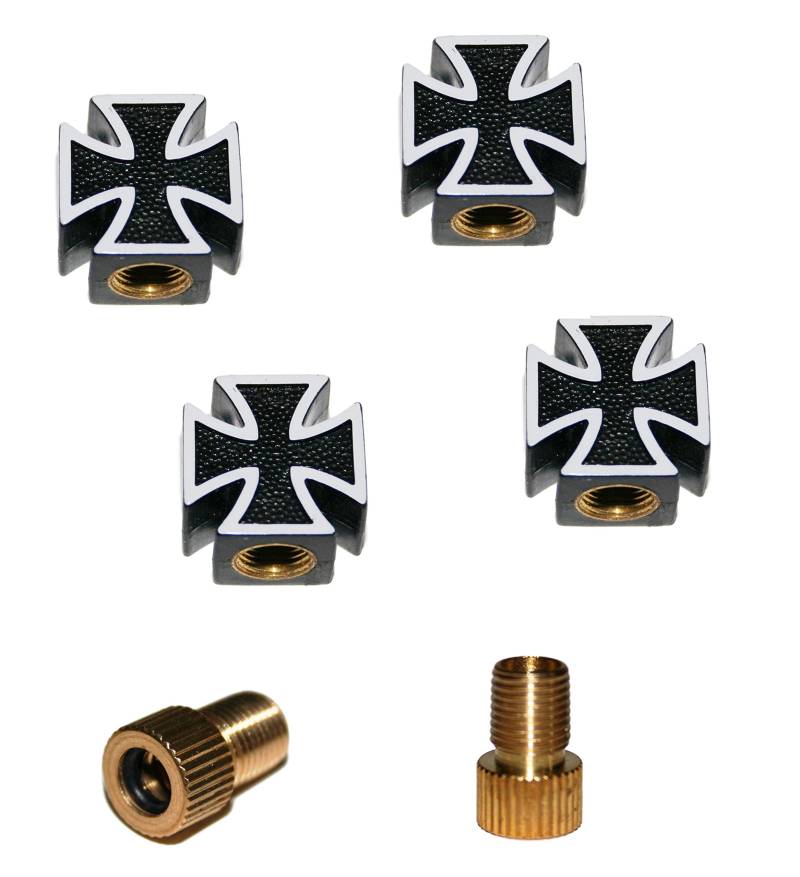 6er Ventilkappenset Iron Cross - Eisernes Kreuz (4X Ventilkappe + 2X Adapter) für jedes Fahrrad, Auto und Motorrad geeignet (Schwarz) von KUSTOM66