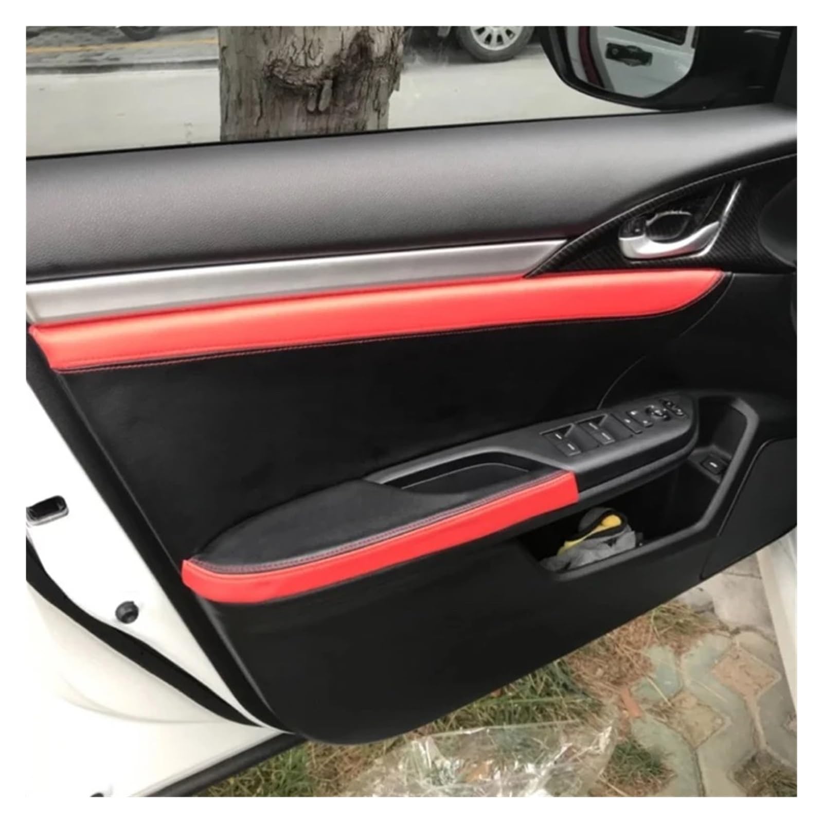 Auto Innendekoration Für Civic 10th Für Gen 2016 2017 2018 2019 Mikrofaser Leder Türgriff Panels Armlehne Abdeckungen Schutz Trim Interieur Dekor(Black Red Splice,8pcs) von KUVIEZ