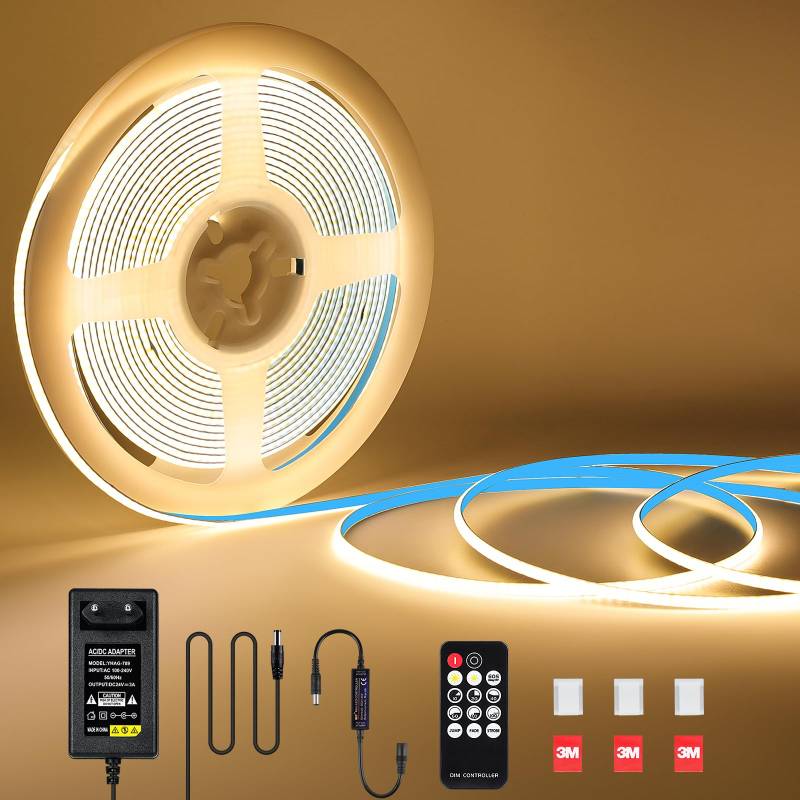 KWODE LED Strip Warm White 6 m, 24 V 3000 K Dimmable COB LED Strip 3 mm Wide, 384 LEDs/M Flexible Light Strip with Power Supply and RF Remote Control for Living Room Bedroom Kitchen Decoration von KWODE