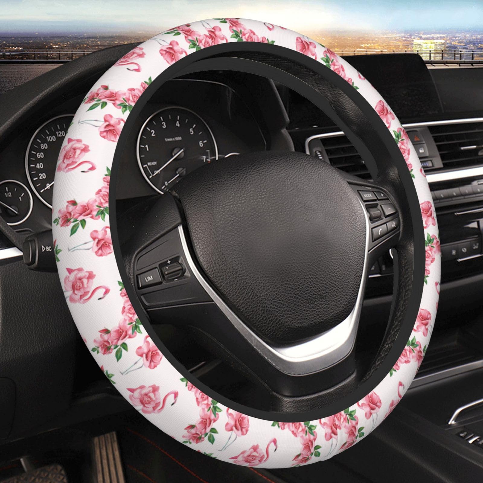 Auto-Lenkradbezug, universell, 38,1 cm, Tropische rosa Flamingos und Rosen, Lenkradschutz für Frauen und Mädchen von KWQDOZF