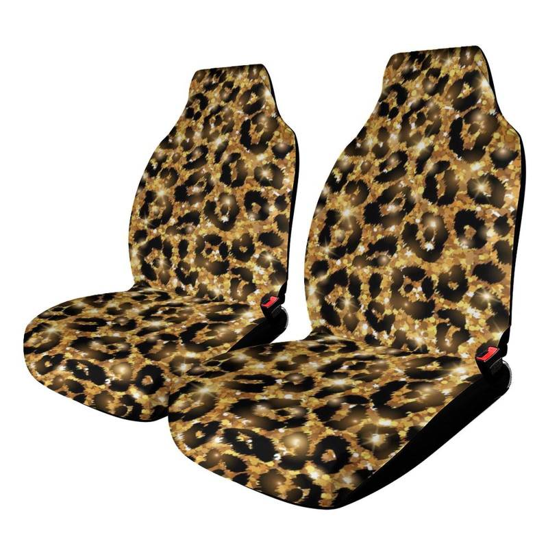 KWQDOZF 2er-Pack Autositzbezüge, Stoff-Vordersitzbezüge mit Schwarz-Gold-Glitzer, Wild Chic Animal Cheetah Leopard Print, strapazierfähige Schalensitzbezüge, universell passende Auto-Vordersitzbezüge von KWQDOZF