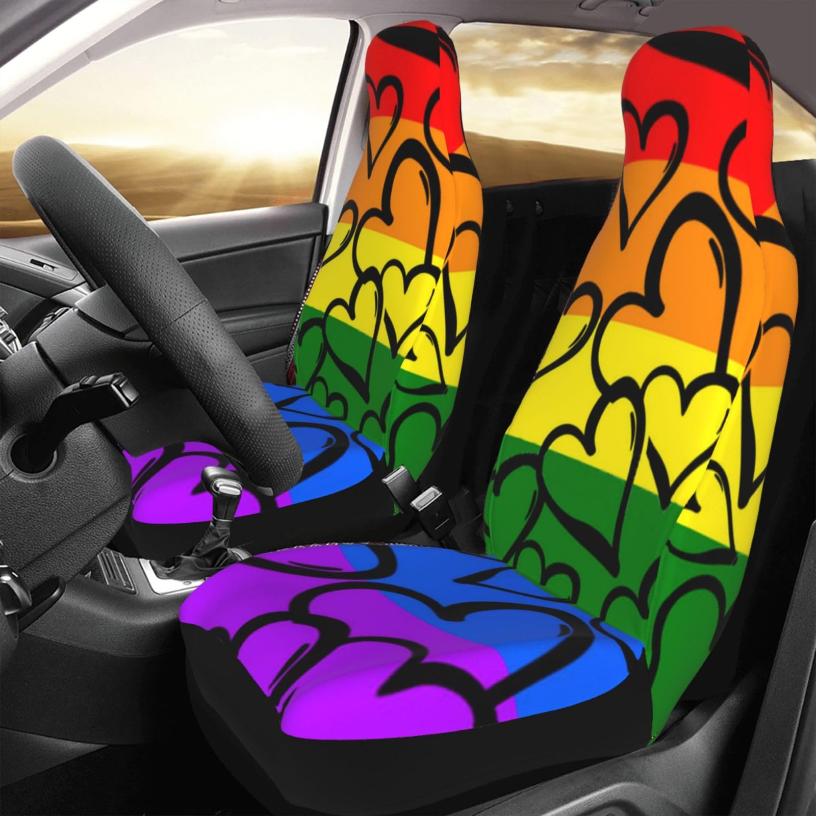 KWQDOZF Autositzbezüge, 2er-Set, Gay Pride Rainbow Hearts, atmungsaktives Auto-Vordersitzkissen, universelle Passform für Auto, LKW, SUV von KWQDOZF