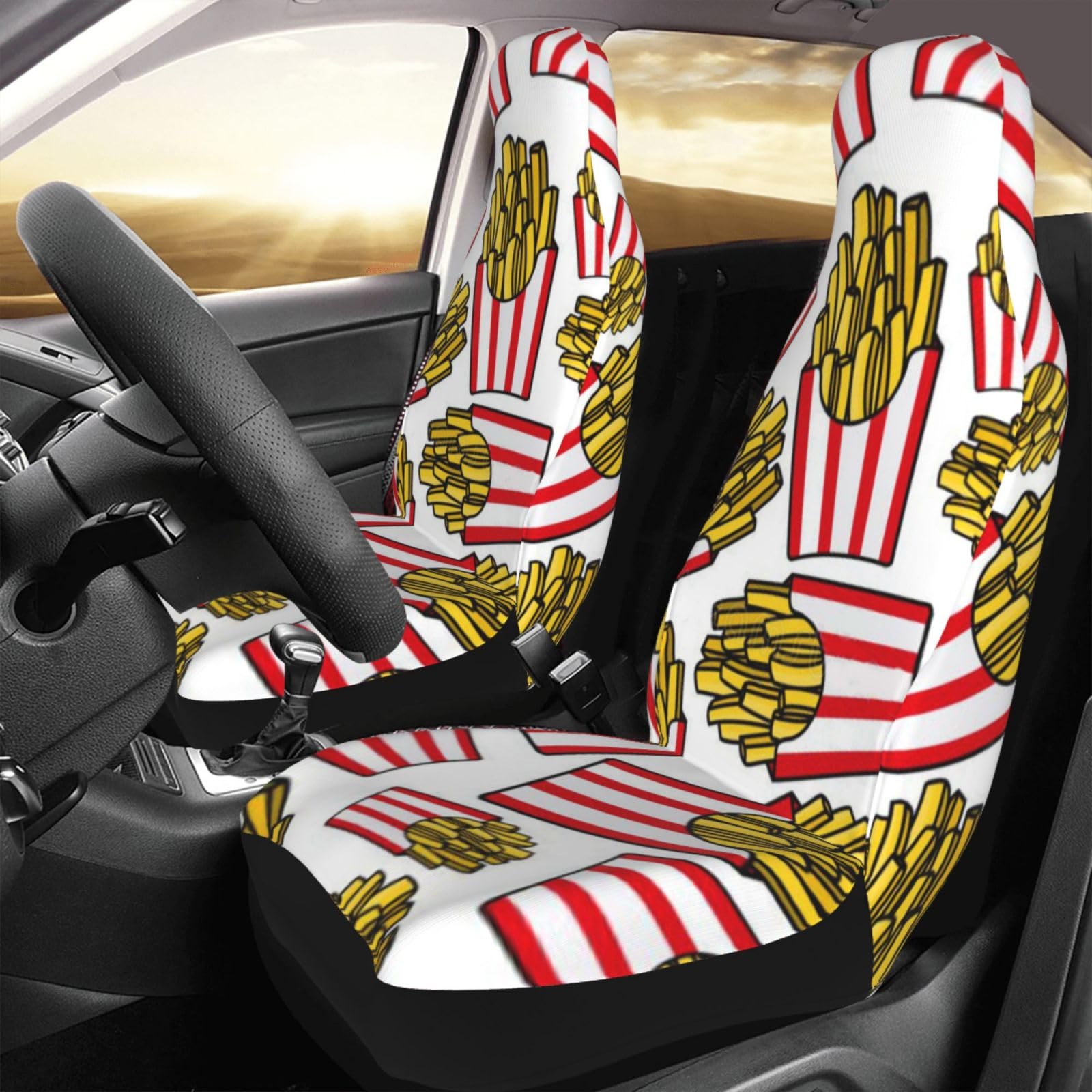 KWQDOZF Autositzbezüge 2er-Set, Pommes-Frites-Cartoon, atmungsaktive Automatte, universelle Passform für Auto, LKW, SUV von KWQDOZF