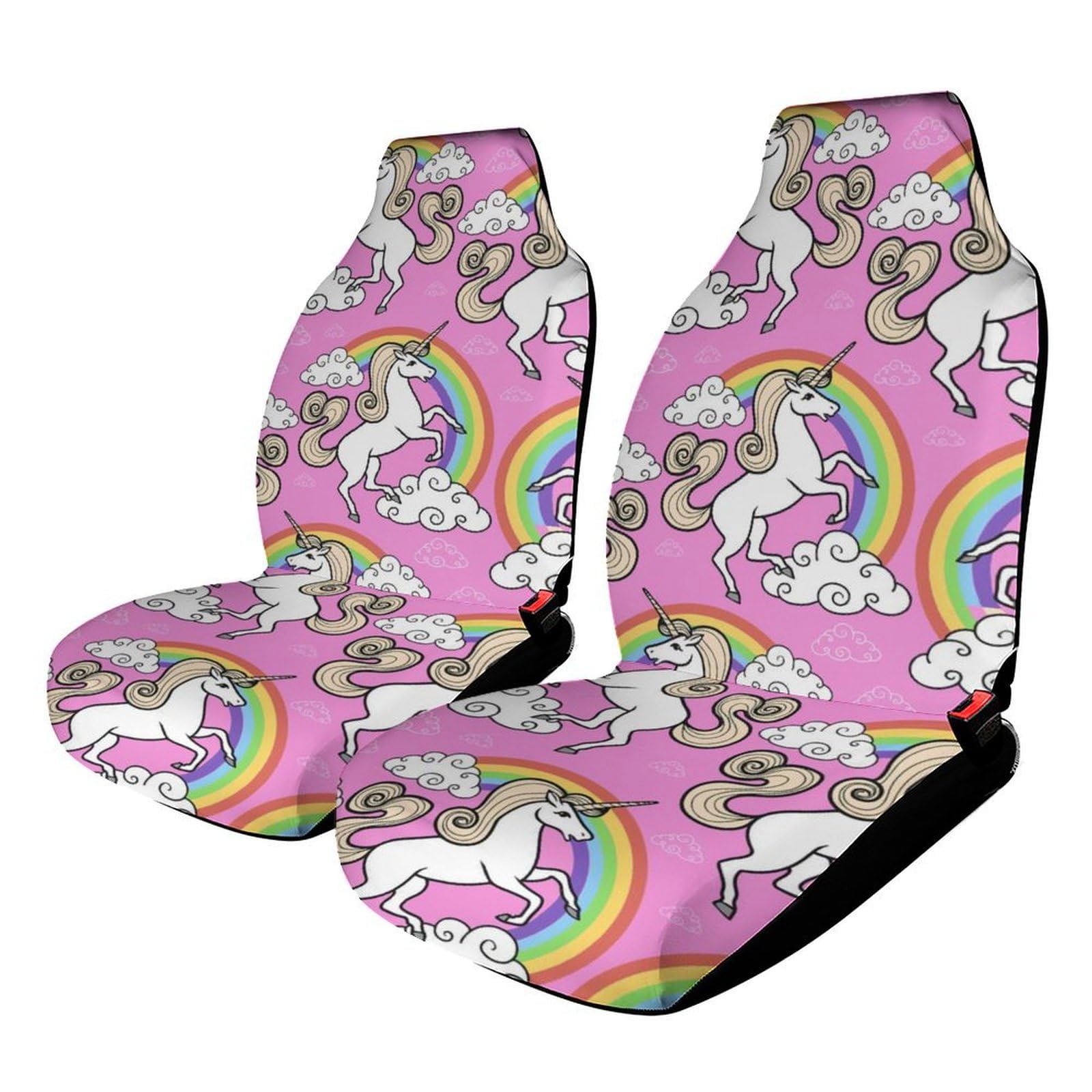 KWQDOZF Autositzbezüge für vorne, Set aus Stoff, universelle Passform, waschbarer Autositzschutz für Auto, SUV, LKW, Regenbogenwolken, Cartoon-Einhorn, Pink von KWQDOZF