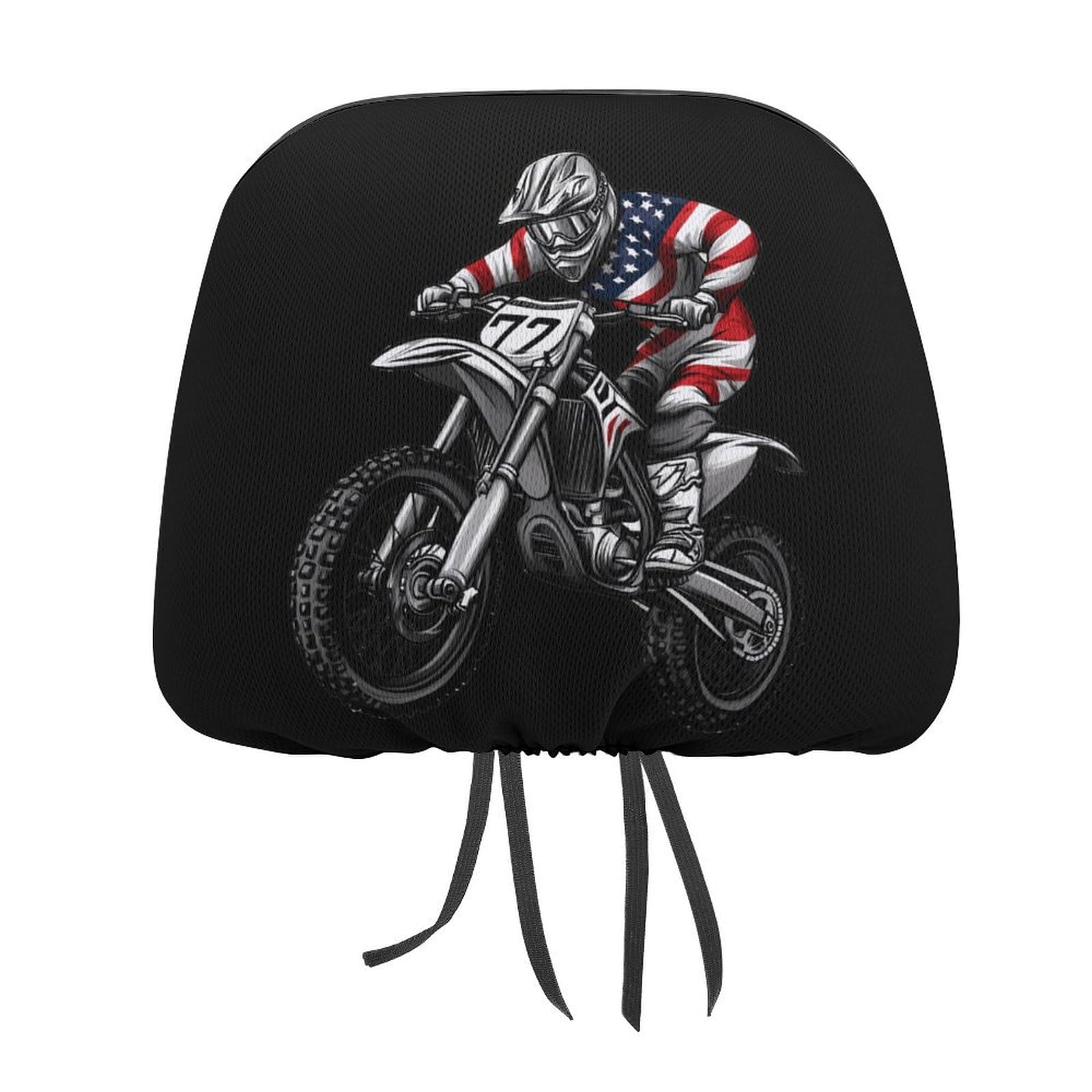 KWQDOZF Dirt Bike Motocross US-Flagge Auto-Kopfstützenbezug, personalisierter Kopfstützenschutzbezug, Kopfstützenkissenbezüge für die meisten Autos, 2 Stück von KWQDOZF