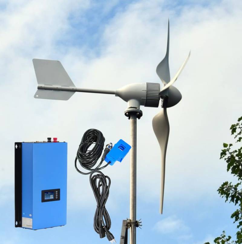 KX-ENERGIE 2000W Horizontaler Windkraftanlage 3Phasen Windturbinen mit Grid Wechselrichter Komplettanlage Netzkopplung Windgenerator 24V 48V auf Einphasig 220/230VAC 50Hz Öffentliches ins Stromnetz von KX-ENERGIE