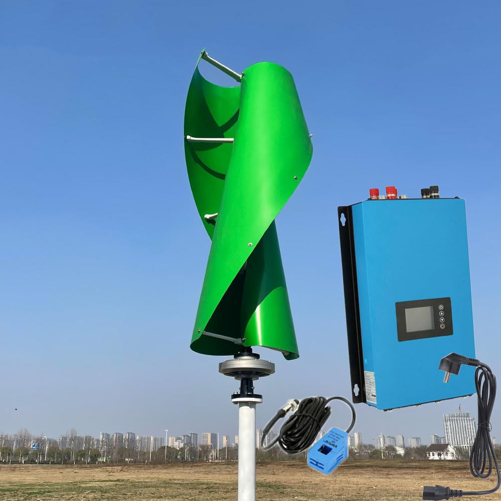 KX-ENERGIE Vertikale Windkraftanlagen 2000W mit Grid Wechselrichter Komplettanlage Netzkopplung Windgenerator VAWT Windturbinen 24V 48V auf Einphasig 220/230VAC 50Hz Öffentliches ins Stromnetz von KX-ENERGIE