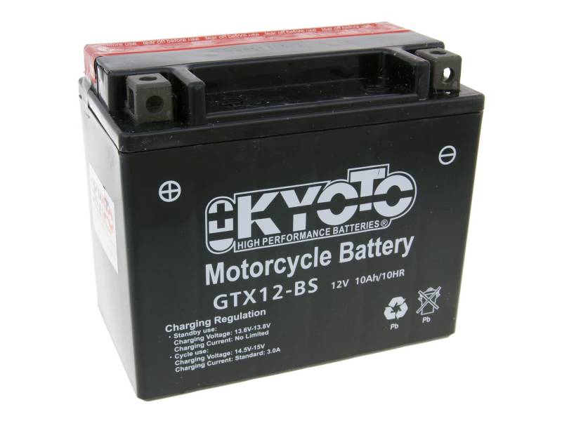 Motorradbatterie Kyoto GTX12-BS (YTX12-BS) - wartungsfrei - 12V 10Ah - Maße 150x87x131mm passend für Daelim S4 4T (ES50) 50 2009-2013 von KYOTO