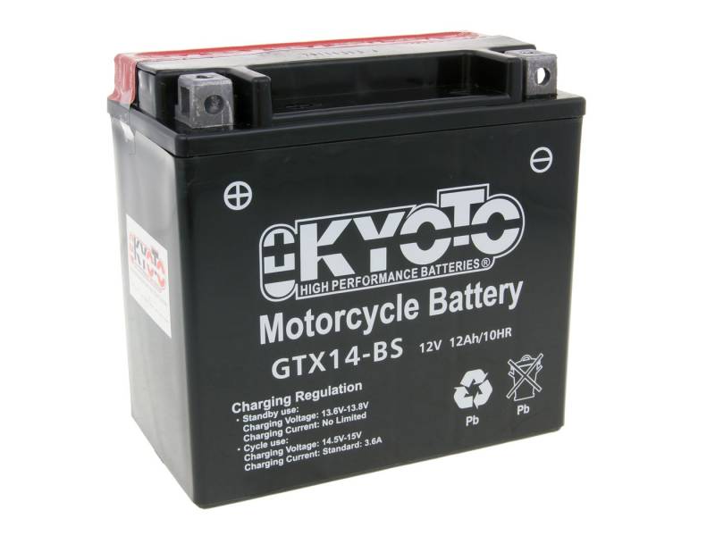 Motorradbatterie Kyoto GTX14-BS (YTX14-BS) Pronta all'uso 12V 12Ah 150x87x147mm passend für Kawasaki W 650 1999/2004 von KYOTO