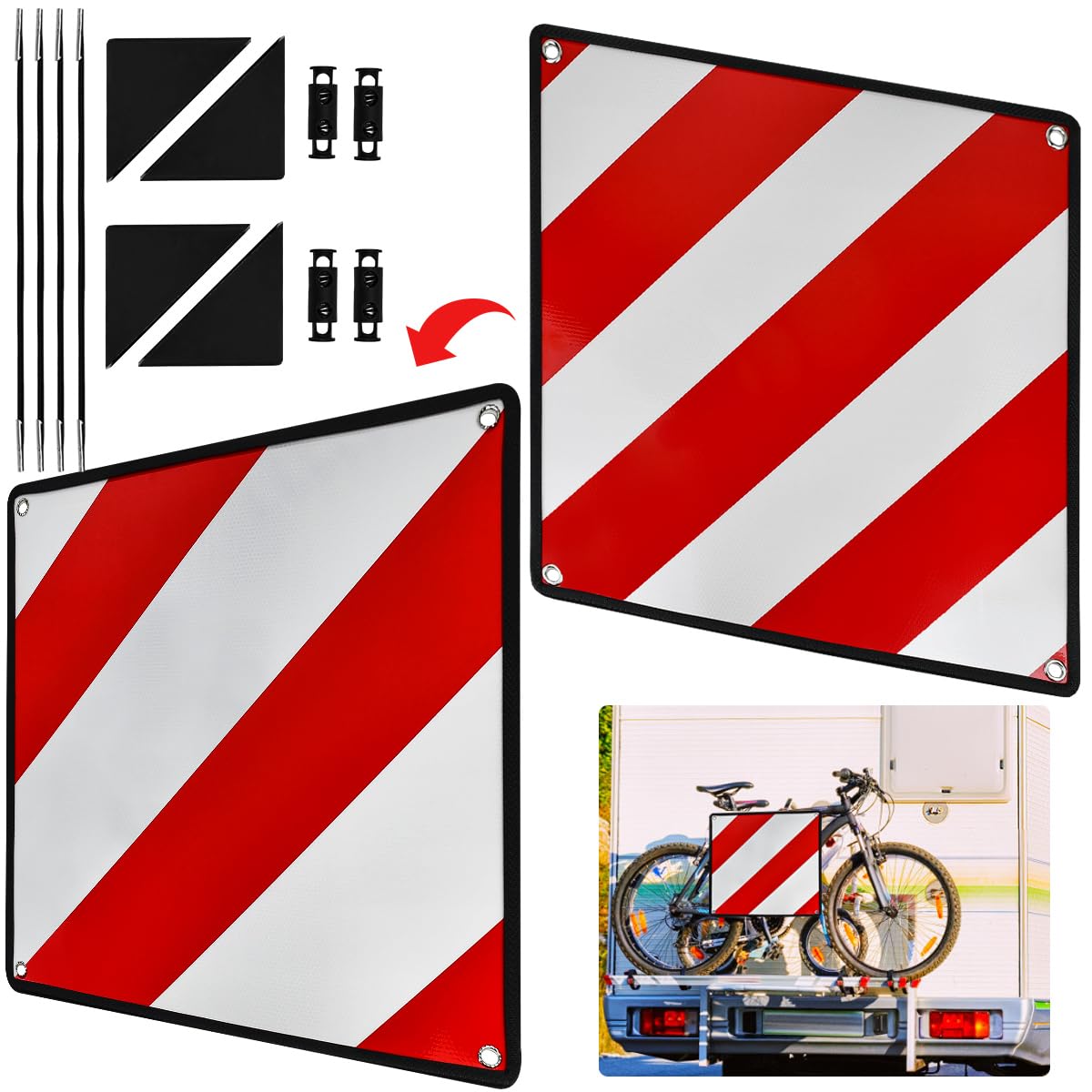 KYYGKY 2in1Warntafel Fahrradträger Aluminium für Italien Spanien mit 4X Spannseile Schutzhülle Reflektierendes Warnschild Rot Weiß für Wohnmobil Wohnwagen Fahrradträger Heckträger 50x50cm von KYYGKY