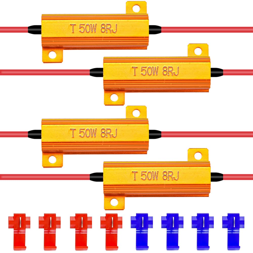 KATUR 4 x 50 W 8 Ohm LED-Lastwiderstände für LED-Blinker oder LED-Kennzeichenbeleuchtung oder Tagfahrlicht (Fix Hyperblitz, Warnunterdrücker) mit 8 Schnellkabel-Clips von KATUR