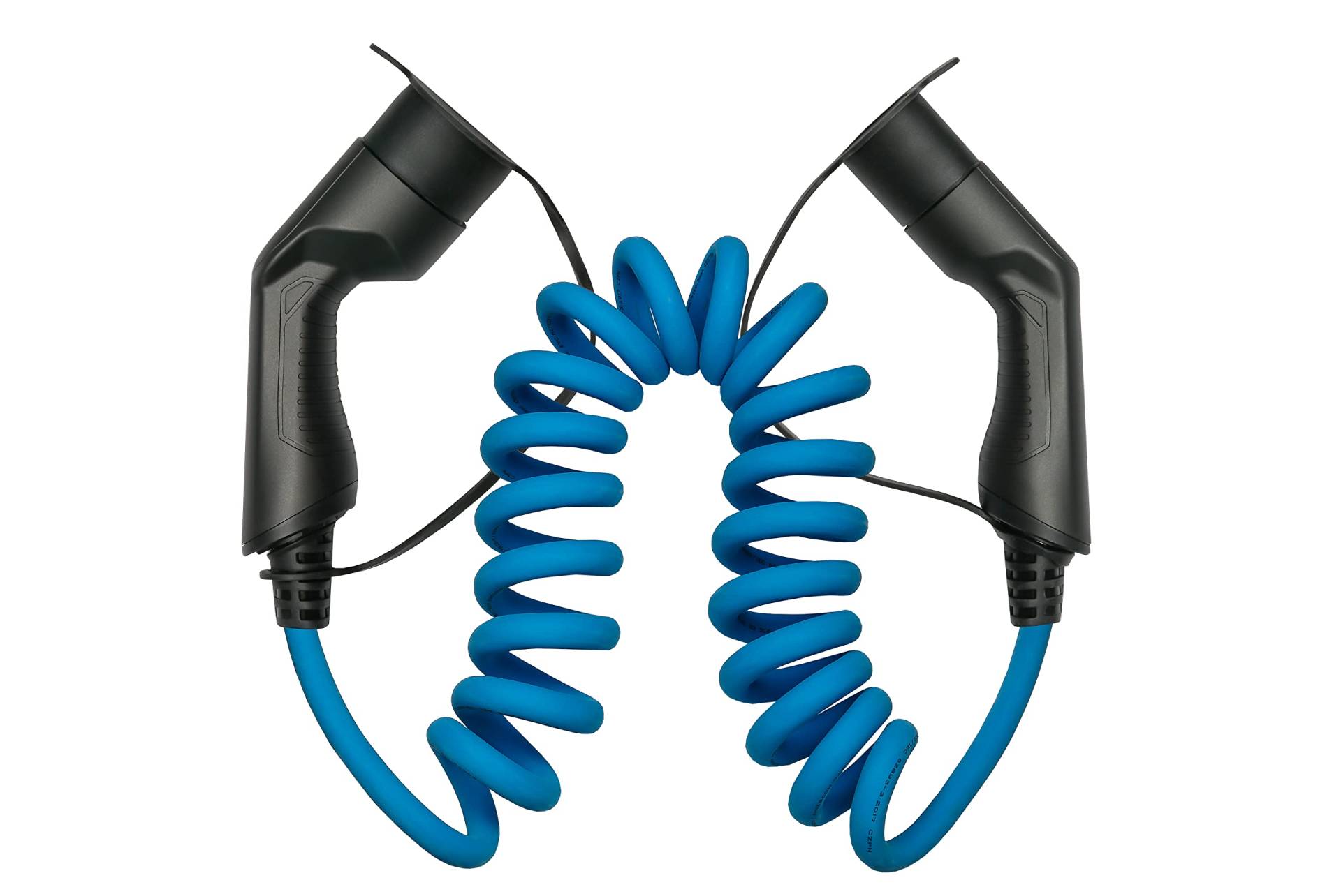 E-Auto-Ladekabel Mode 3, Typ 2 Stecker an Buchse, 3-phasig, 32 A, 22 kW, Spiralkabel, blau, 5m von Kabelmeister