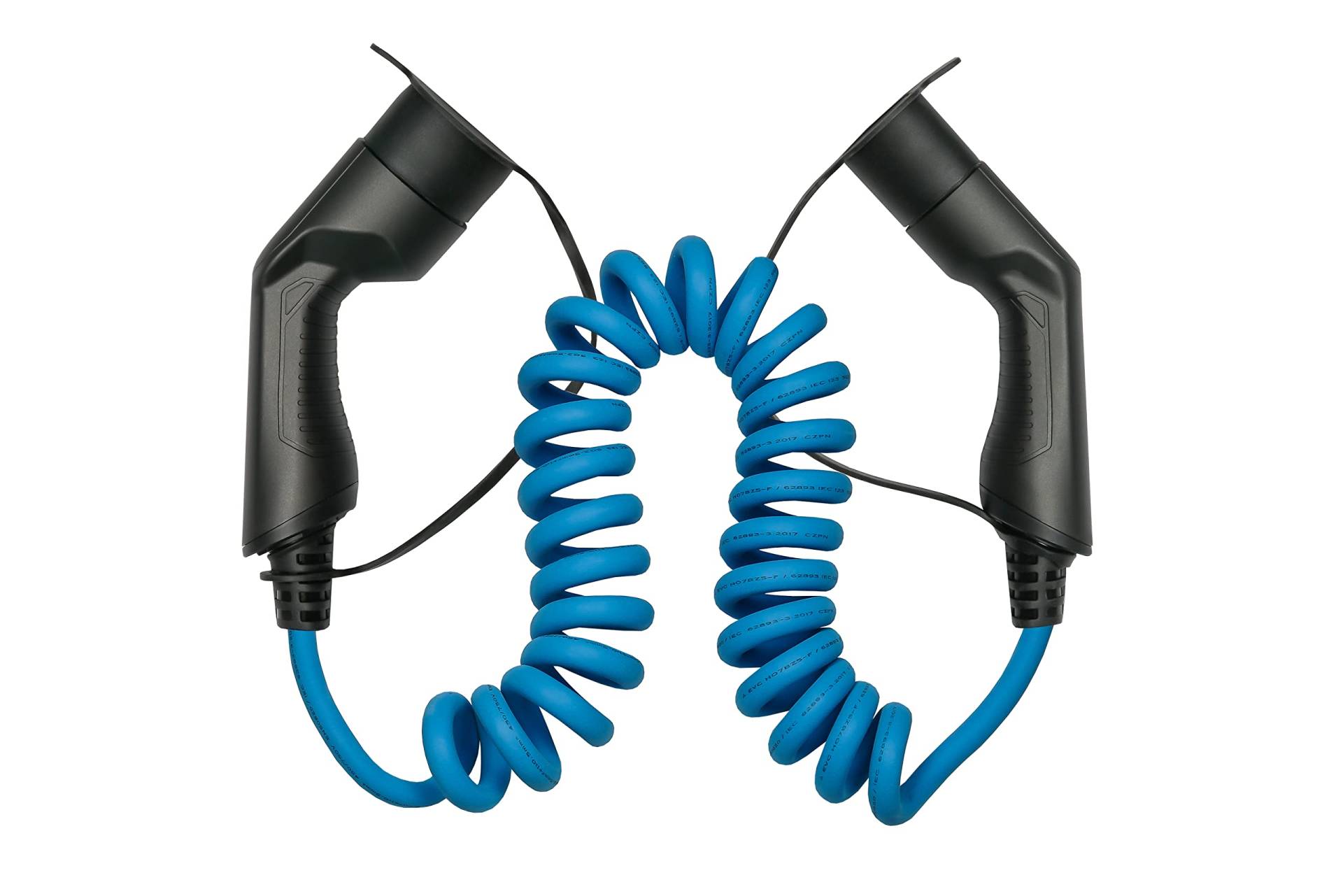 E-Auto-Ladekabel Mode 3, Typ 2 Stecker an Buchse, 3-phasig, 16 A, 11 kW, Spiralkabel, blau, 5m von Kabelmeister