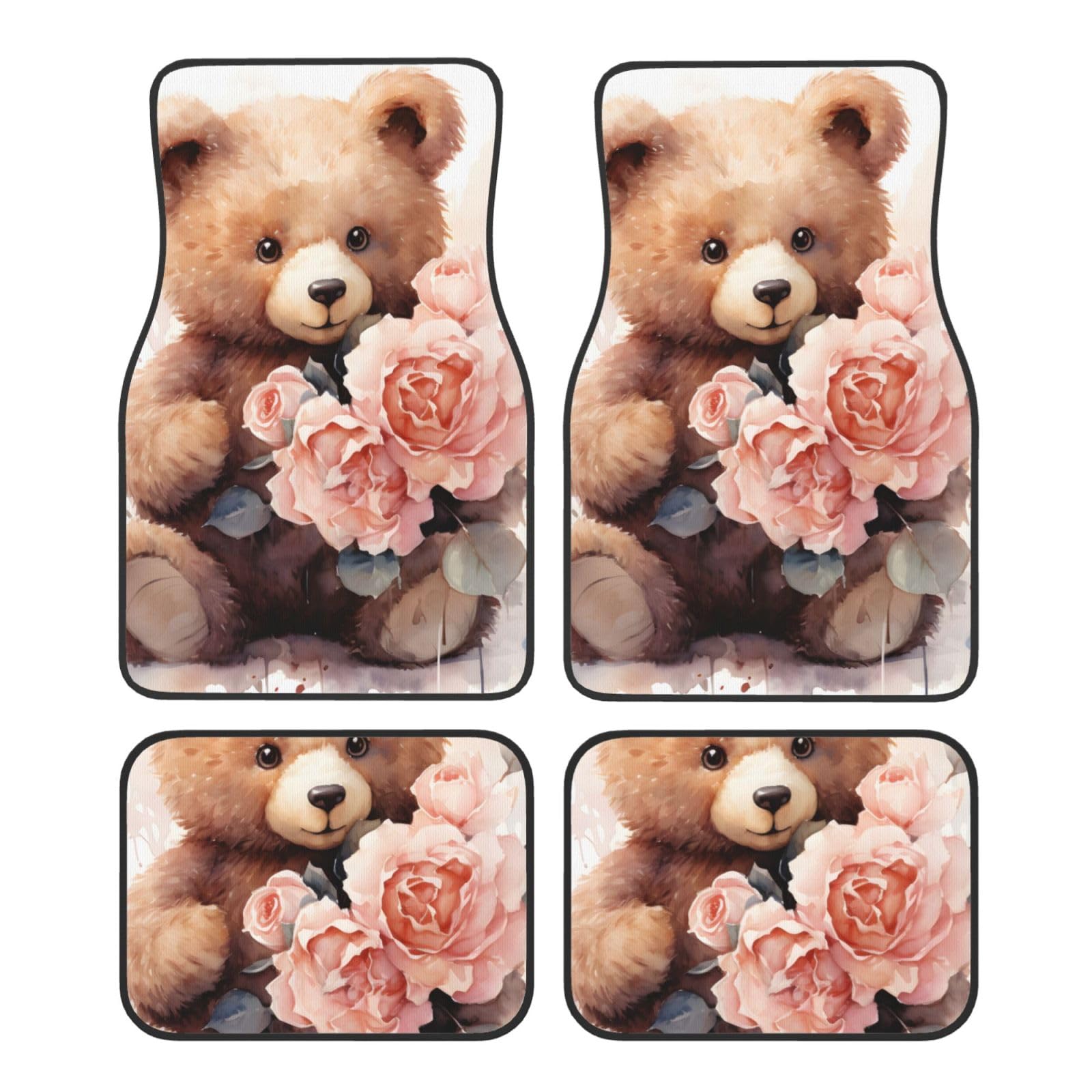 4 Stück Auto Fußmatten Vorne Hinten Premium Teppiche Matte Lovely Bear With Pink Flowers On Valentine'S Day Universal Car Floor Rugs Car Accessories for Sedan, SUVs, Truck, Vans von Kaifanee