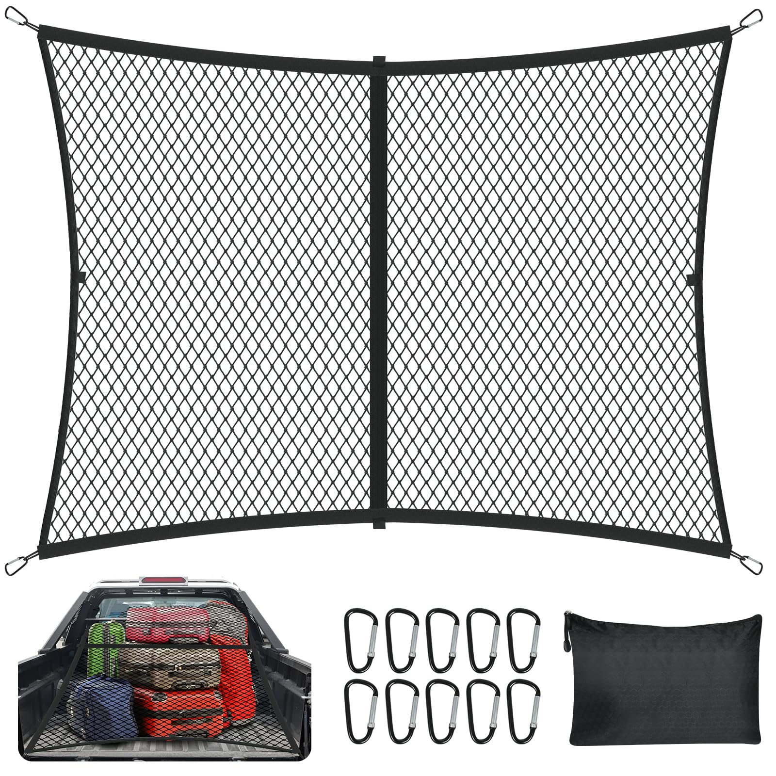 Kairiyard Gepäcknetz für Pickup Ladefläche,LKW Ladeflächen Netz 4x4 ft Stretches to 7x7 ft Elastic Trunk Roof Rack Bungee Mesh Organizer Cargo Net with 10 Hooks for Car SUV Trailer. von Kairiyard